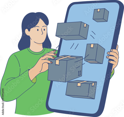 A woman manages subscriptions on a smartphone, organizing digital boxes. Illustrative style, clean design, focuses on subscription management and digital cleanup.