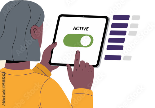 A mature woman adjusts privacy settings on a tablet, highlighting active data. Modern digital interface, clean design, and a focus on user control. Suitable for tech and privacy concepts.