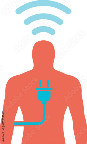 A minimalist icon depicts a man connected to a charging plug, symbolizing suit charging. Clean, modern design for digital use.