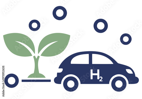 A modern car emitting hydrogen bubbles beside a growing plant. Illustrates a sustainable future with eco-friendly technology. Clean, bright design.