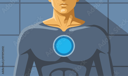 A muscular male figure wears a futuristic gray Power Core Suit with a prominent blue central display. Clean, modern illustration style. Ideal for tech, superhero, or futuristic concepts.