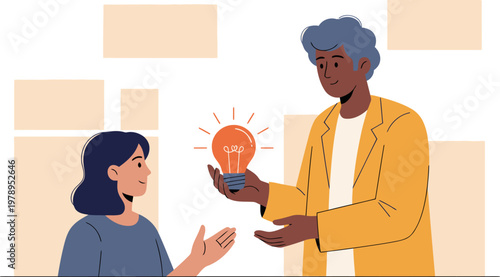 A mature Black man mentors a young woman, sharing an idea represented by a lightbulb. Illustrative, modern, and conveying knowledge transfer. Ideal for education and professional development visuals.