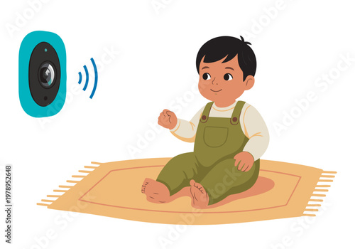 A nursery monitor with movement sensor observes a happy baby playing on a rug. Clear visual, ideal for parental tech products. Modern design, soft colors.