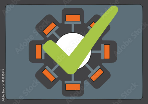 A modern graphic icon displays a core battery success interface with a checkmark. Clean, flat design with blue and orange tones. Suitable for tech, business, and interface concepts.