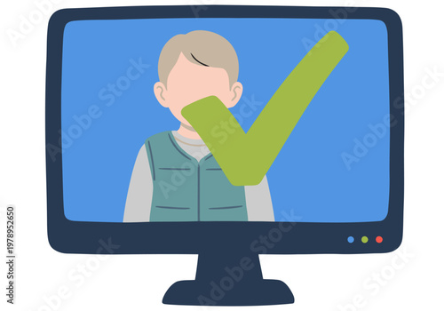 A modern monitor displays a child safety success icon. Clean, bright, and reassuring. Ideal for digital marketing and parental tech solutions.