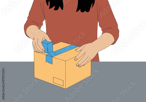 A person wearing gloves carefully packs a box for online delivery. Clear, bright studio setting. Focus on packaging and preparation.