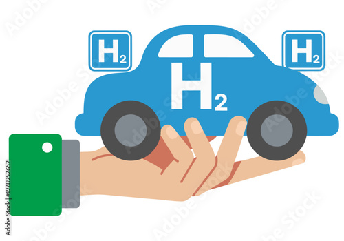 A playful toy car fueled by hydrogen, held by a hand, symbolizing the future of clean transportation. Modern, bright, and visually appealing for commercial use.