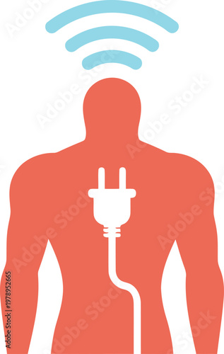 A minimalist icon depicts a muscular man with an electrical plug connected to his back, symbolizing wireless charging. Modern, clean design.