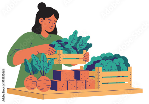 A smiling woman organizes organic produce in a store. Clean, bright, and inviting, perfect for health & wellness visuals.