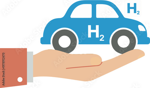 A playful illustration features a blue car toy emitting hydrogen molecules, held in a hand.  Clean, modern design. Ideal for tech, automotive, and sustainability concepts.