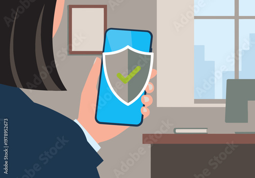 A professional woman holds a smartphone displaying a privacy shield icon, suggesting secure mobile data protection. Modern office setting with a blurred background. Focus on digital security.