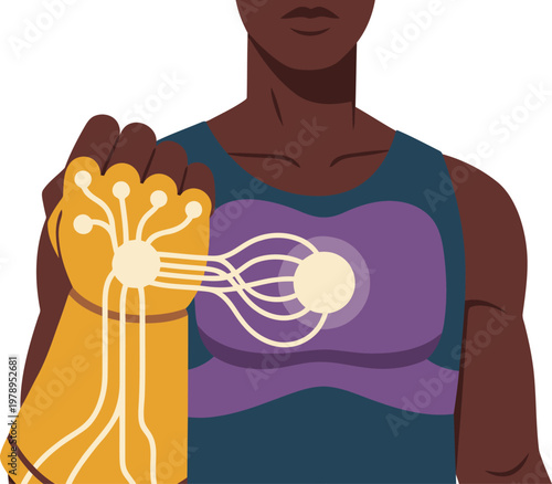 A powerful figure wears an energy suit, showcasing a futuristic glove with glowing neural connections. Bold colors and dynamic composition create a striking visual.