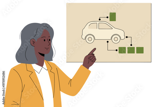 A professional woman explains hydrogen energy to a student using a diagram of a fuel cell car. Modern, educational illustration with a bright, clean aesthetic.