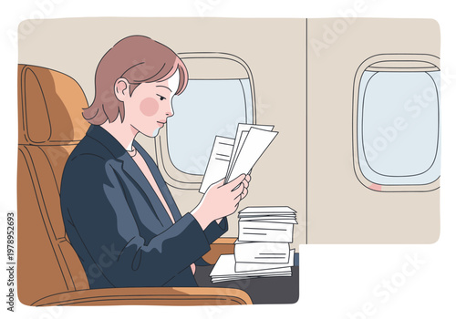A professional woman reads documents on a jet-leather seat during a flight. Focused expression, stacks of papers, and a window view create a business-oriented scene.