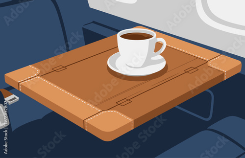 A stylish jet tray table with a cup and saucer sits on a blue airplane seat. The wooden surface and leather trim offer a premium feel. Perfect for travel imagery.