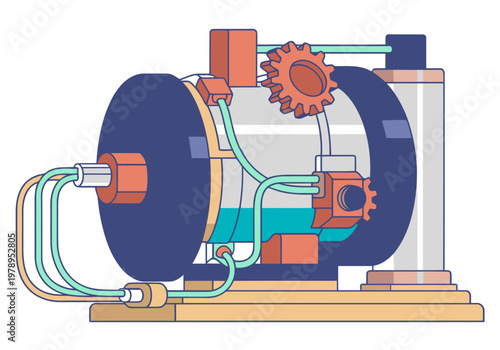 Stylized illustration of a toy motor connected to hydrogen, showcasing a mechanical design with clear lines and vibrant colors. Perfect for tech or science concepts.