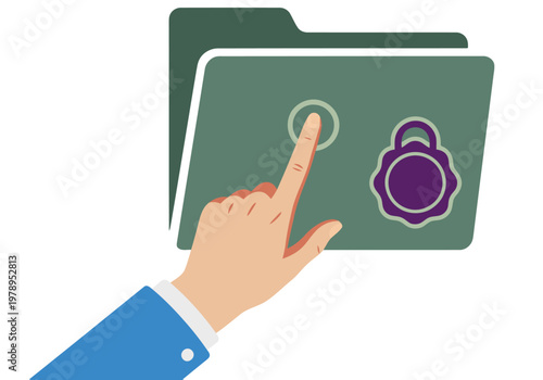 A stylized graphic depicts a secure folder with a finger activating a lock.  Illustrates privacy and security. Modern, flat design.  Ideal for digital marketing and tech concepts.