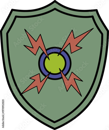 A stylized shield icon featuring a central blue core surrounded by radiating orange lightning bolts. Modern, graphic design, suitable for tech or security themes.