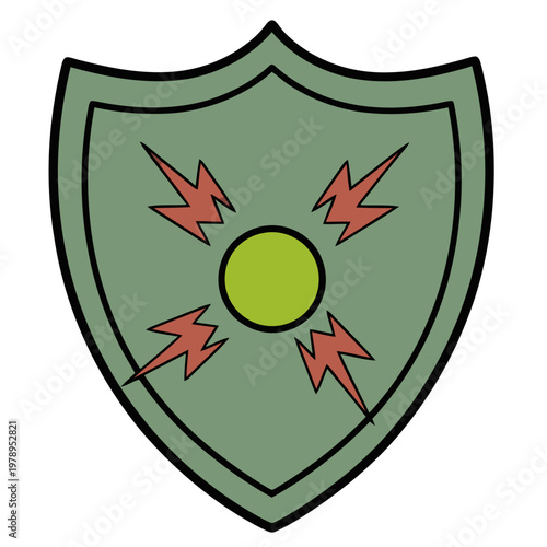 A stylized shield icon with a central blue core and radiating electric bolts. Bold, graphic design, suitable for technology or protection themes. Clean, modern illustration.