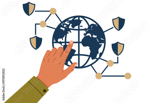 A stylized globe illustration showcases global privacy network activity. A hand interacts with the planet, surrounded by protective shields. Modern, digital concept.