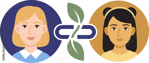 Two young women connect through a mentorship link icon. A stylized illustration featuring female figures and plant elements. Ideal for education and collaboration themes.