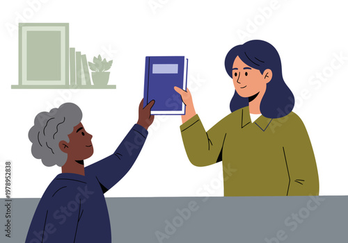 A teacher guides a student, sharing knowledge with a book. Warm colors and a supportive interaction create a positive learning scene.