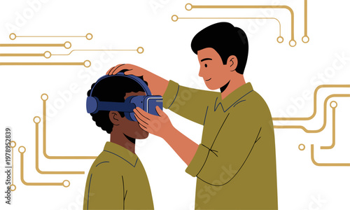 A teacher assists a student with VR headset adjustment, showcasing innovative VR learning. Bright, modern illustration with circuit board background.