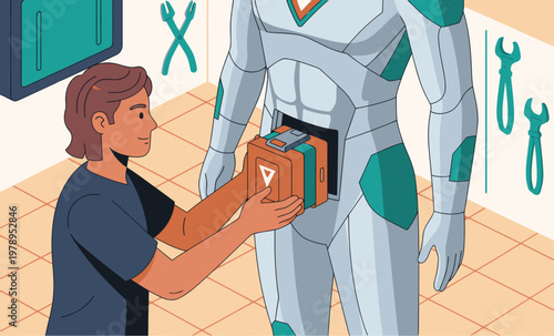 A technician installs a power cell into a futuristic robot suit. Clean, modern workspace with tools and a detailed suit assembly. Bright, teal and gray tones.