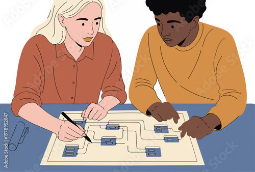 Two colleagues collaborate on a flowchart, demonstrating teamwork and problem-solving. A modern workshop setting highlights their focused discussion. Bright, collaborative atmosphere.