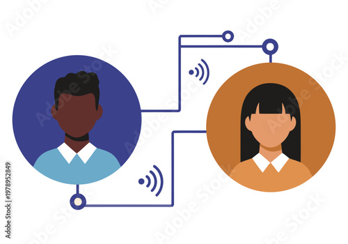Two diverse individuals connect digitally via online classroom. A clean, modern design highlights the link between students. Suitable for education and technology themes.