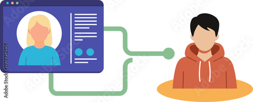 Two figures connect via a virtual learning interface. A young woman and a young man engage in a remote online session, showcasing digital education and connection.