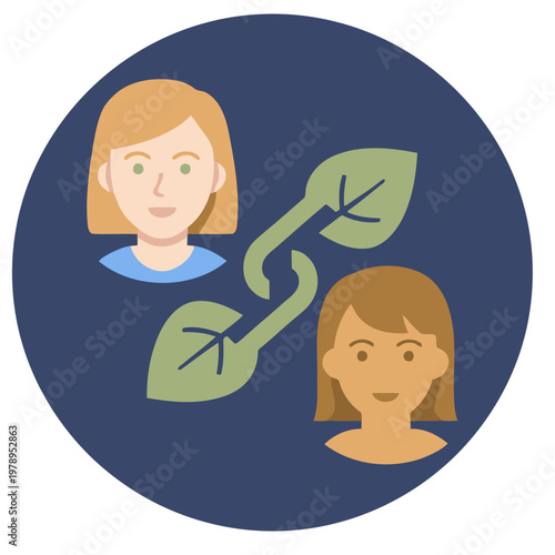 Two women connect through a mentorship link icon featuring growing leaves. A modern, supportive image for education and professional development.