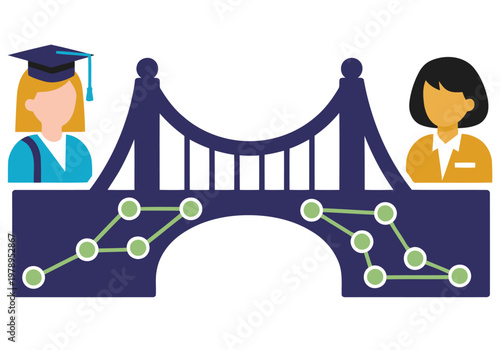 Two women bridge a gap with collaborative learning. A modern graphic design featuring a bridge, graduation cap, and professional attire, symbolizing knowledge transfer and teamwork.