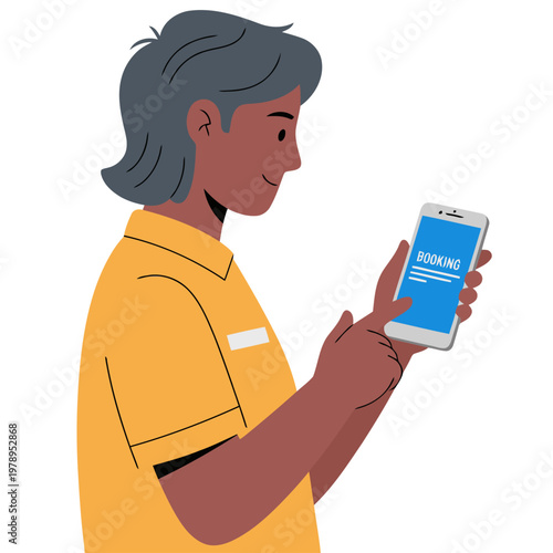 A smiling woman uses a smartphone for mobile service booking. Modern digital booking interface displayed on screen. Clean, professional illustration.
