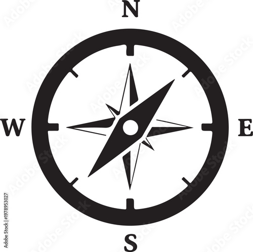 Compass navigation symbol, directional icon, black vector graphic, navigation tool