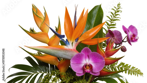 Fotografía Isolated vibrant tropical flower arrangement with Bird of Paradise and purple or
