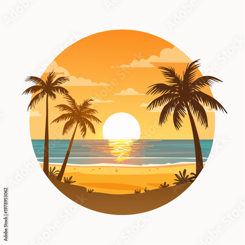 Golden Hour Tropical Paradise Sun Setting Over Palm-Fringed Beach with Gentle Ocean Waves