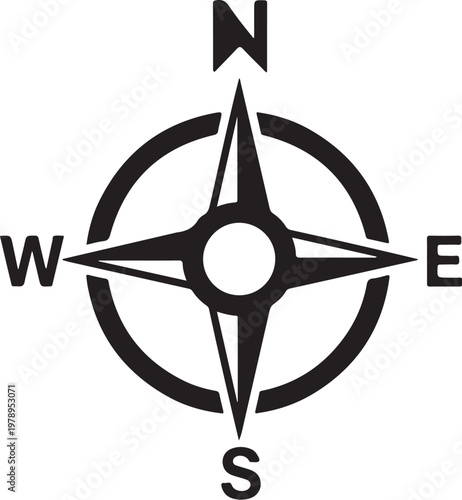 Compass navigation symbol, directional icon, black vector graphic, navigation tool