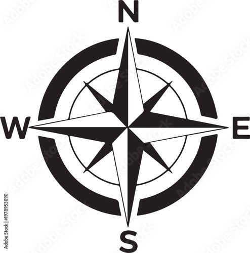 Compass rose, navigation symbol, directional icon, black vector graphic