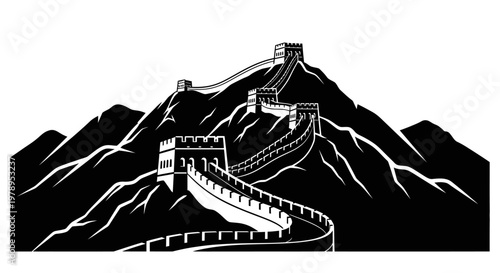 Stylized Black and White Great Wall of China Illustration