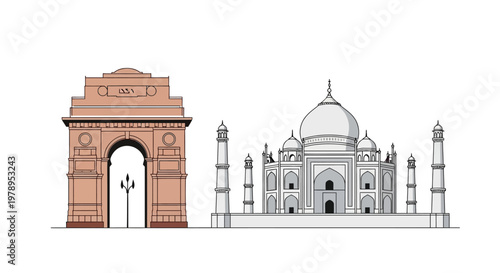 Vector Illustration of India Gate and Taj Mahal Monuments