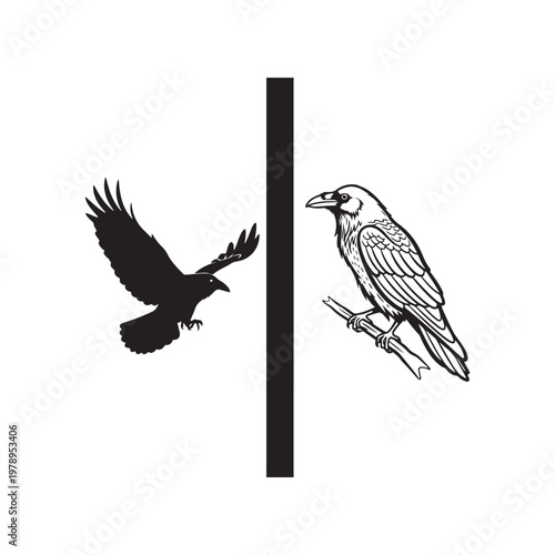 Black and white illustration of a flying crow and a perched crow isolated on white background