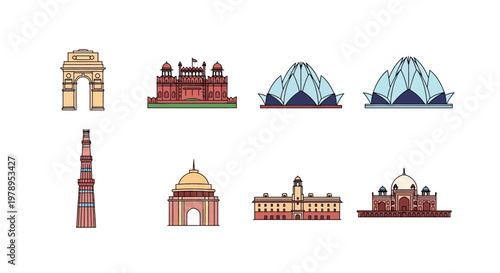 Famous New Delhi Landmark Icons in Flat Vector Style