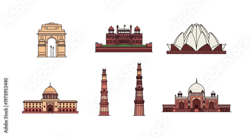Set of Delhi India Famous Landmark Icons Vector