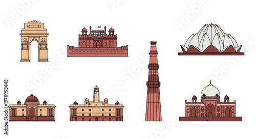 Famous Indian Monuments Flat Vector Illustration Set
