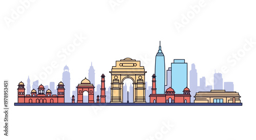 New Delhi Skyline Vector Illustration with India Gate and Landmarks