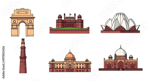 Delhi India Famous Landmarks Flat Vector Illustration Collection