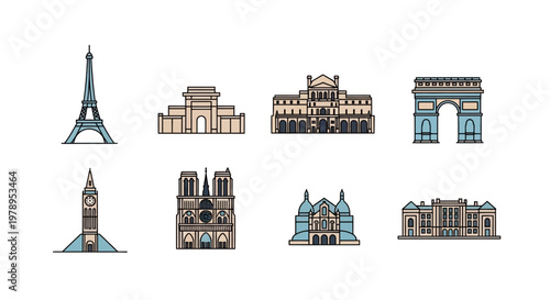 Flat Vector Icons of Iconic European Landmarks and Architecture