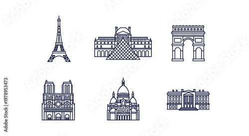 Paris Landmark Icons Line Art Vector Set