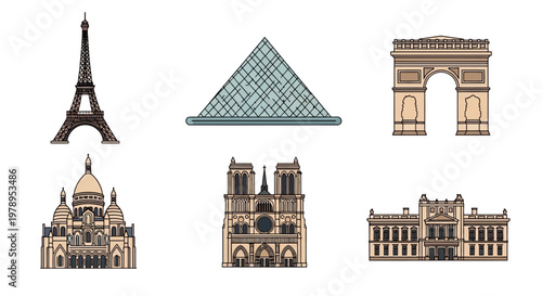Paris Landmarks Flat Line Art Illustration Set